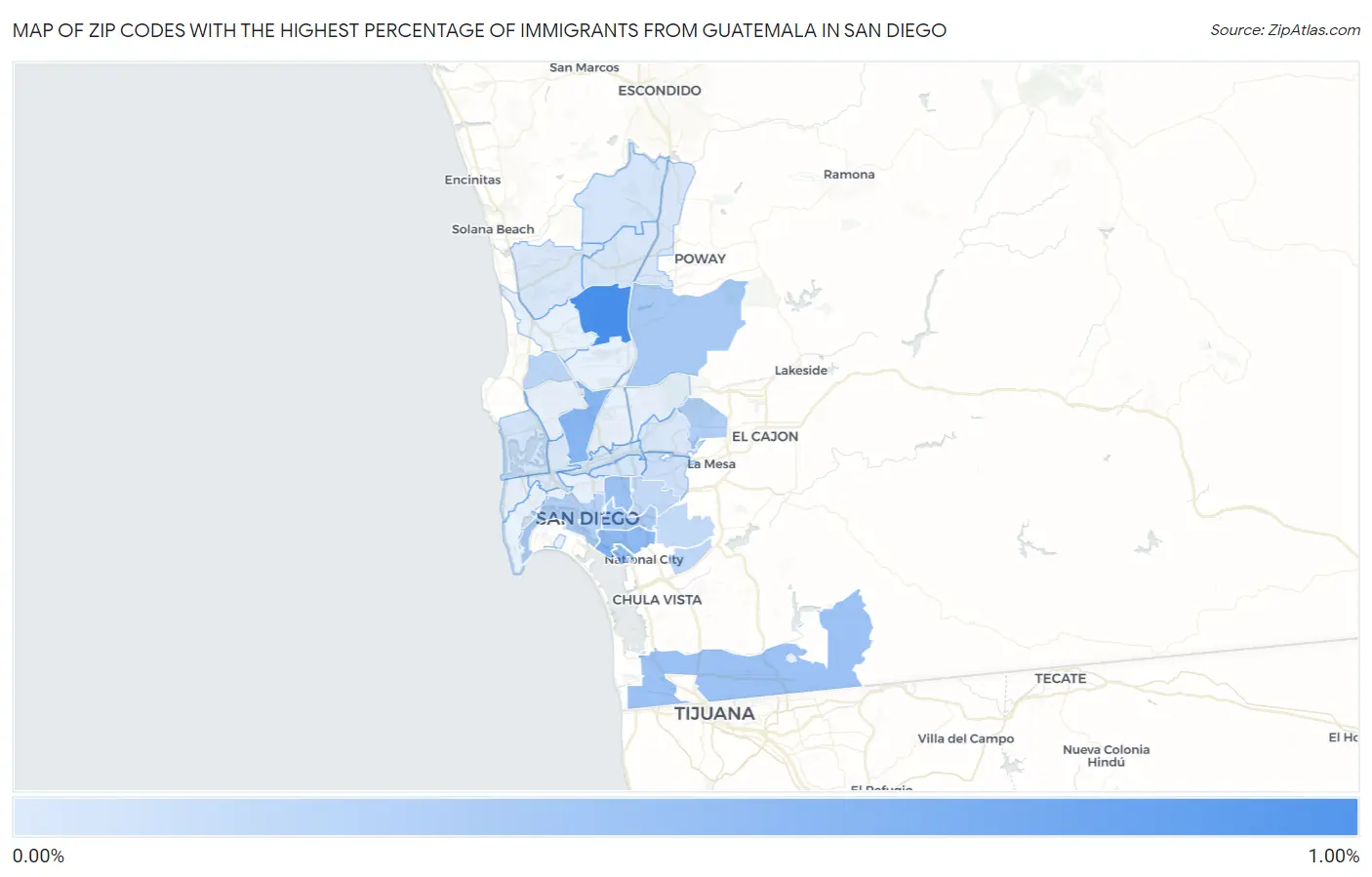 Zip Codes with the Highest Percentage of Immigrants from Guatemala in San Diego Map
