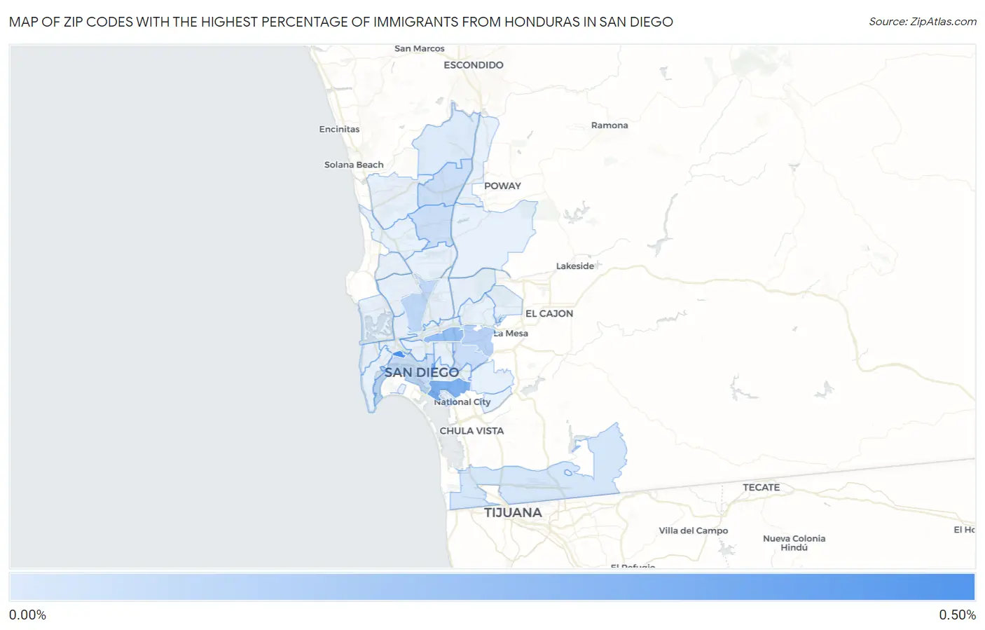 Zip Codes with the Highest Percentage of Immigrants from Honduras in San Diego Map