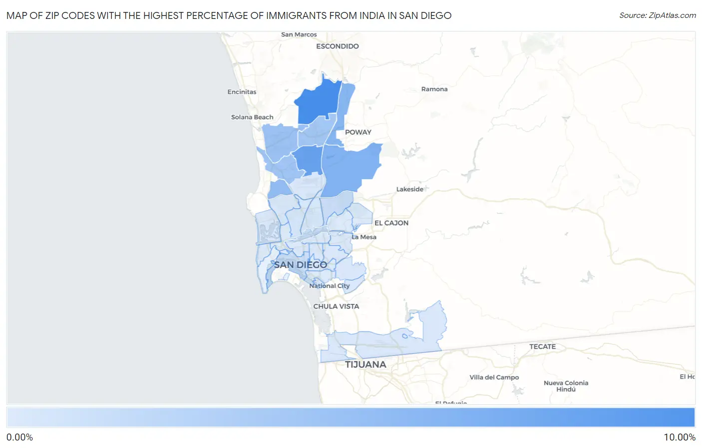 Zip Codes with the Highest Percentage of Immigrants from India in San Diego Map