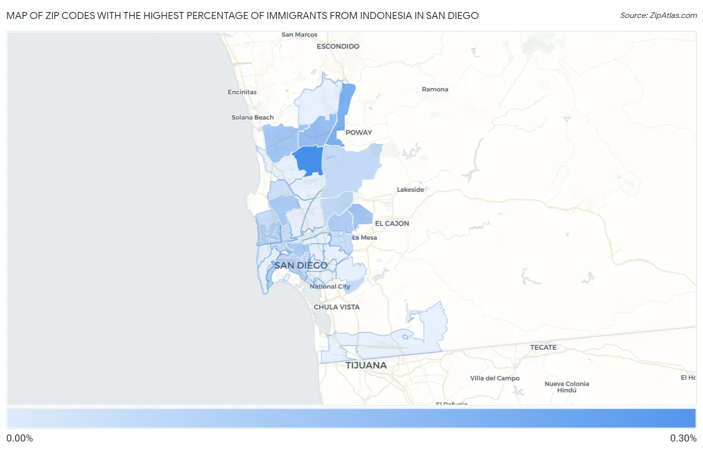 Zip Codes with the Highest Percentage of Immigrants from Indonesia in San Diego Map