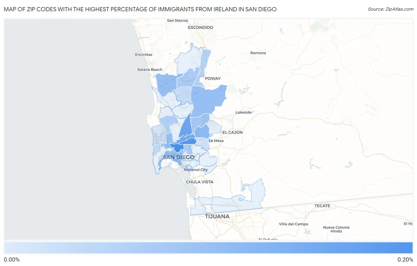 Zip Codes with the Highest Percentage of Immigrants from Ireland in San Diego Map