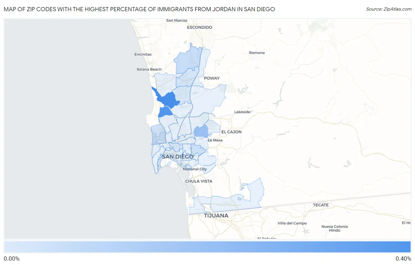 Zip Codes with the Highest Percentage of Immigrants from Jordan in San Diego Map