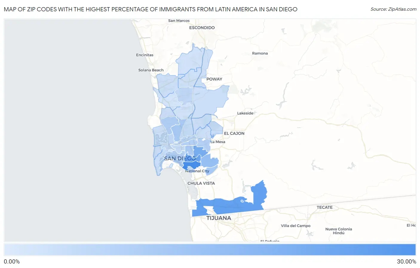 Zip Codes with the Highest Percentage of Immigrants from Latin America in San Diego Map