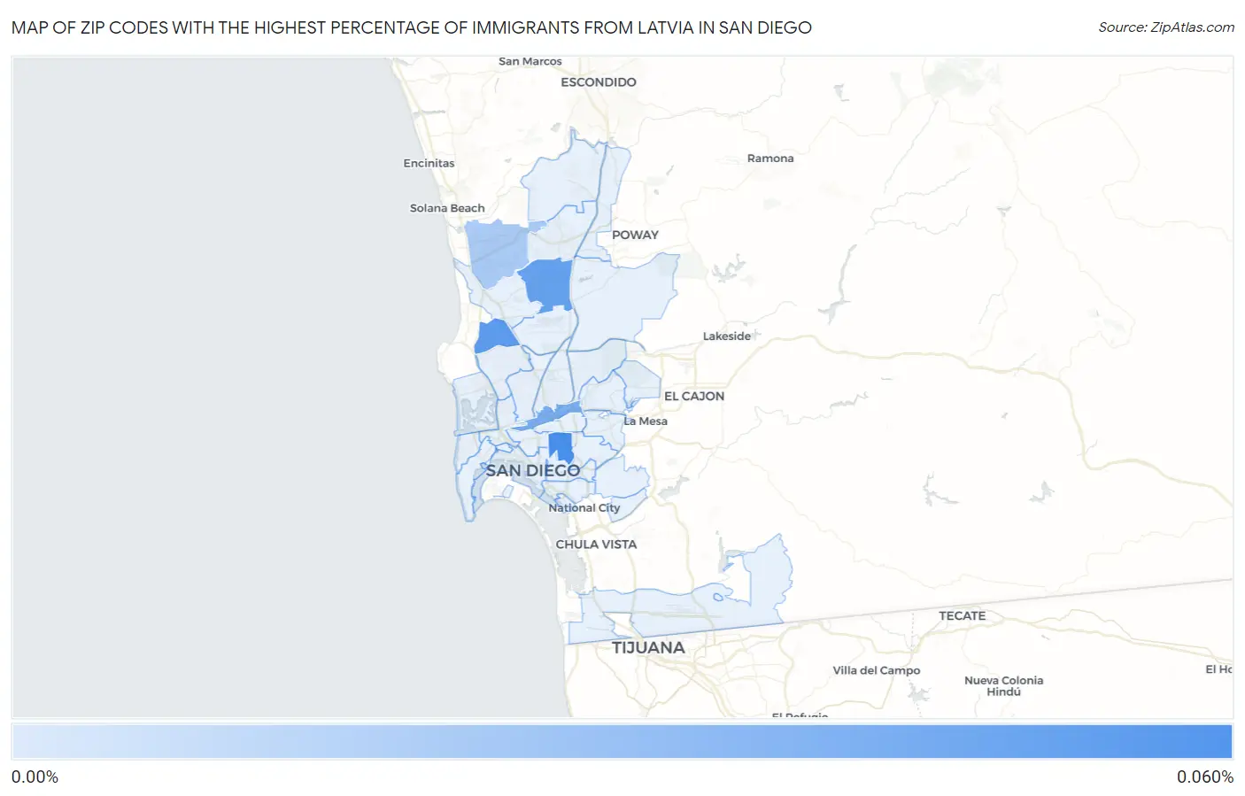 Zip Codes with the Highest Percentage of Immigrants from Latvia in San Diego Map