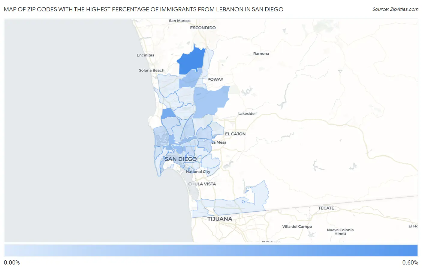 Zip Codes with the Highest Percentage of Immigrants from Lebanon in San Diego Map