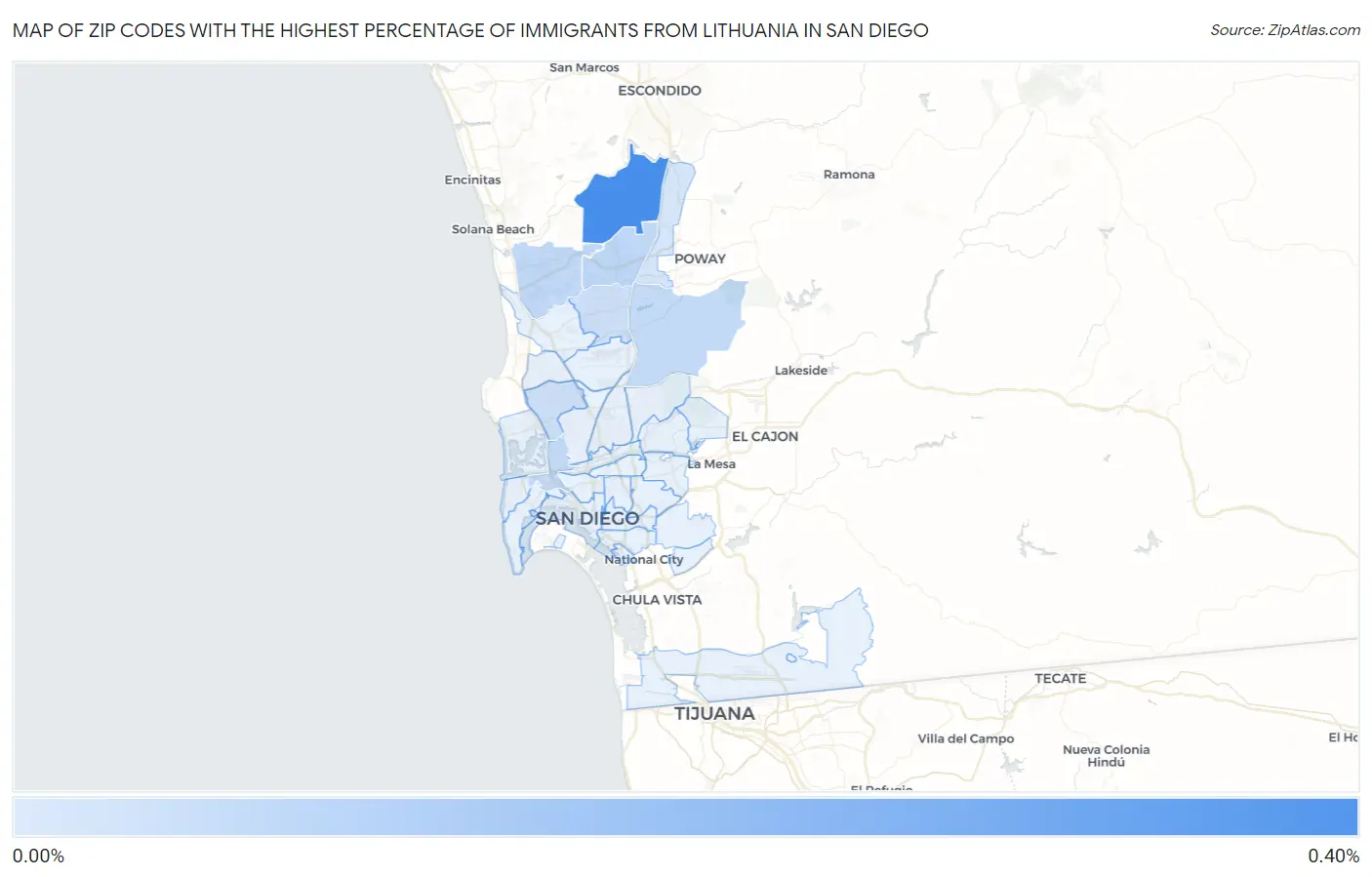 Zip Codes with the Highest Percentage of Immigrants from Lithuania in San Diego Map