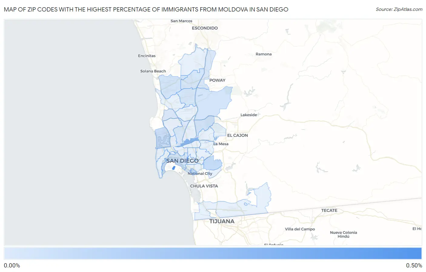 Zip Codes with the Highest Percentage of Immigrants from Moldova in San Diego Map