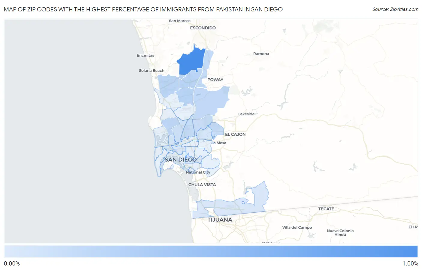 Zip Codes with the Highest Percentage of Immigrants from Pakistan in San Diego Map