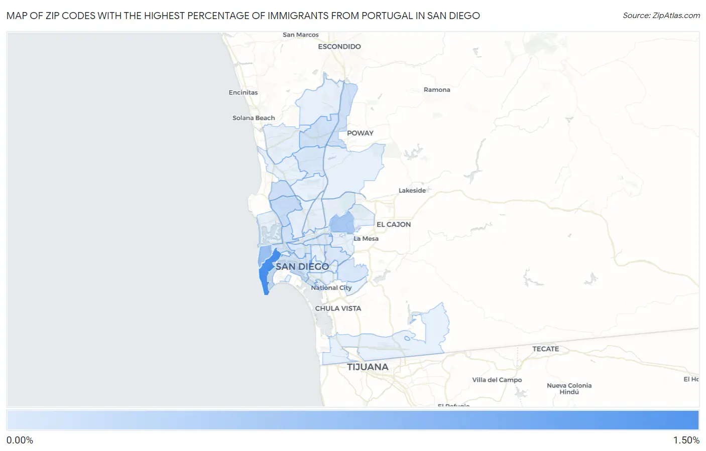 Zip Codes with the Highest Percentage of Immigrants from Portugal in San Diego Map