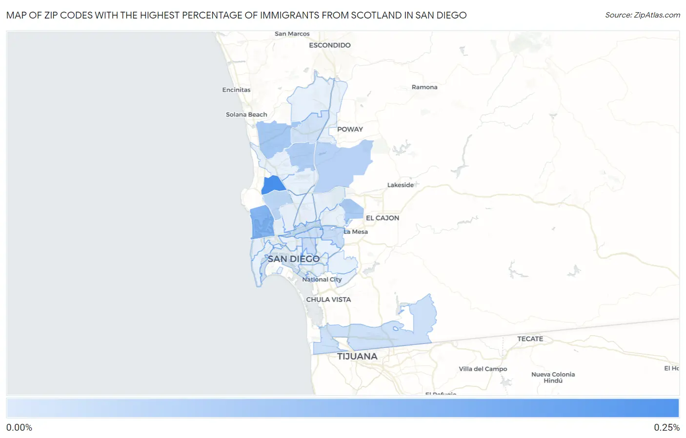 Zip Codes with the Highest Percentage of Immigrants from Scotland in San Diego Map