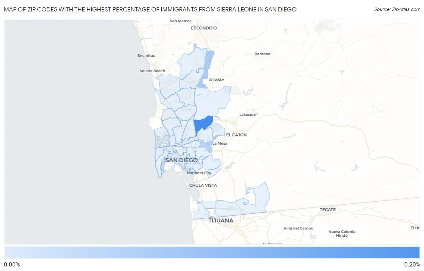 Zip Codes with the Highest Percentage of Immigrants from Sierra Leone in San Diego Map