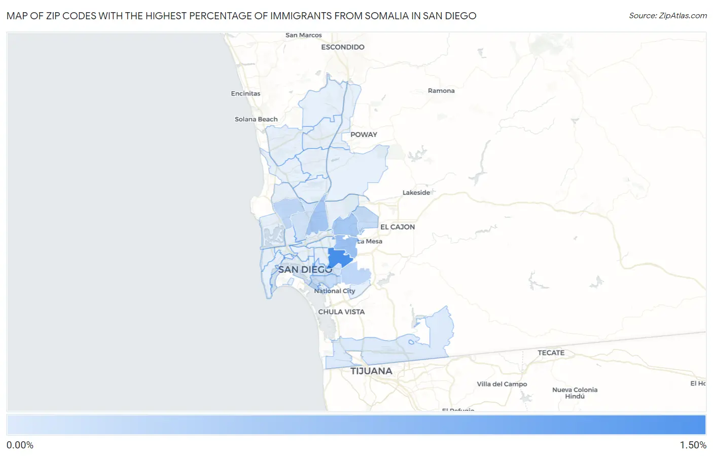 Zip Codes with the Highest Percentage of Immigrants from Somalia in San Diego Map