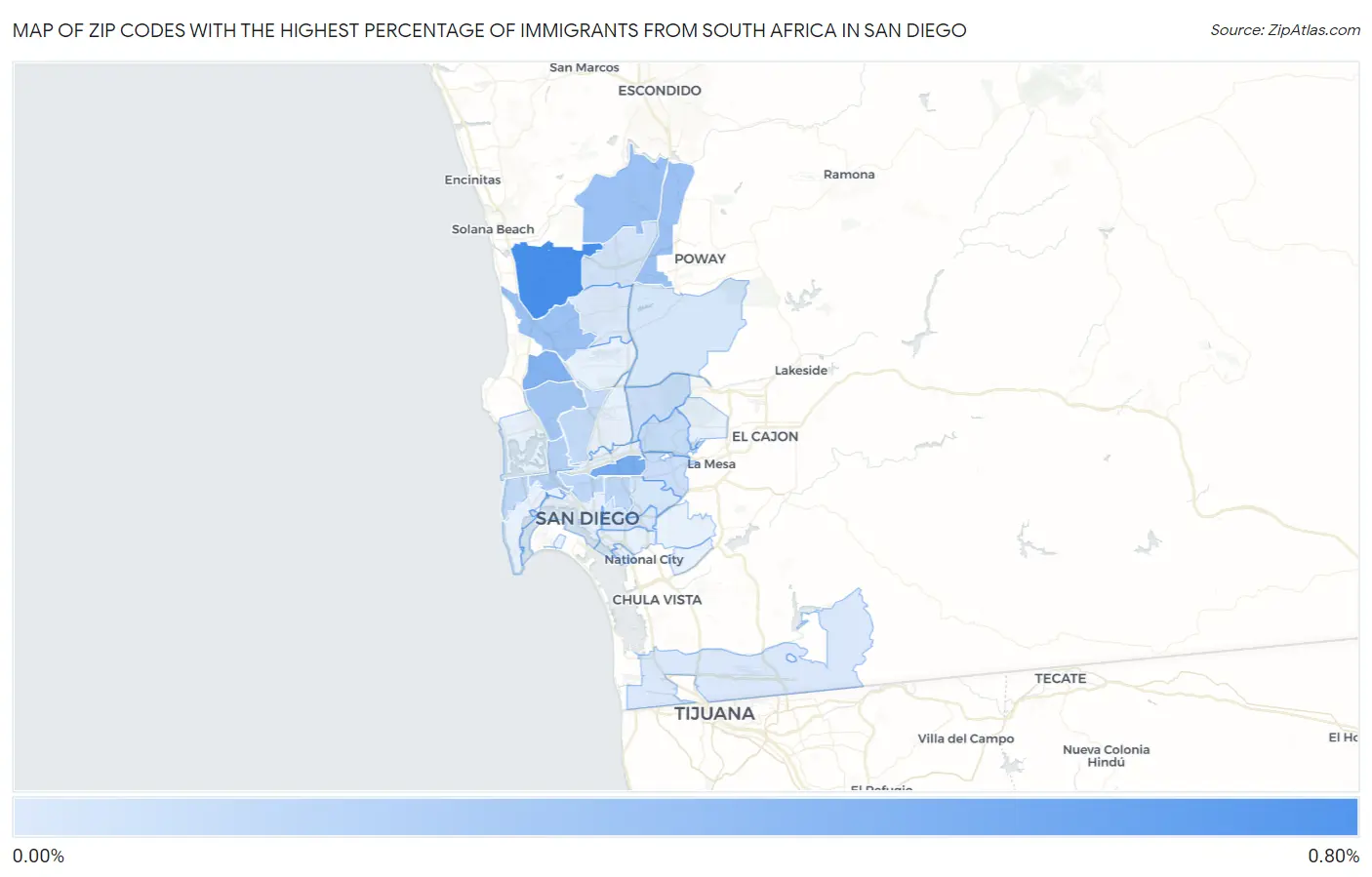 Zip Codes with the Highest Percentage of Immigrants from South Africa in San Diego Map