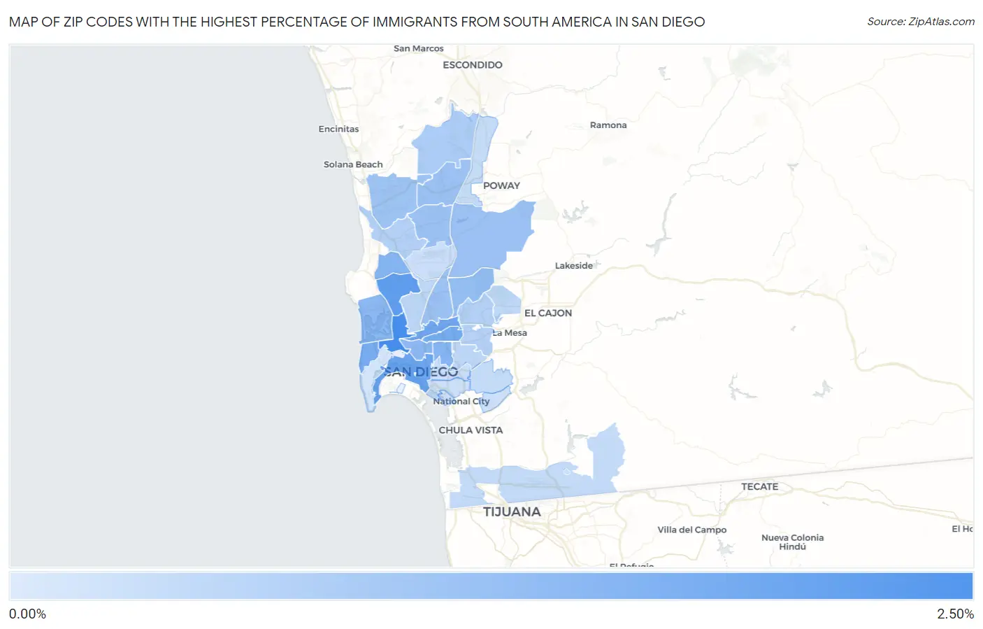 Zip Codes with the Highest Percentage of Immigrants from South America in San Diego Map