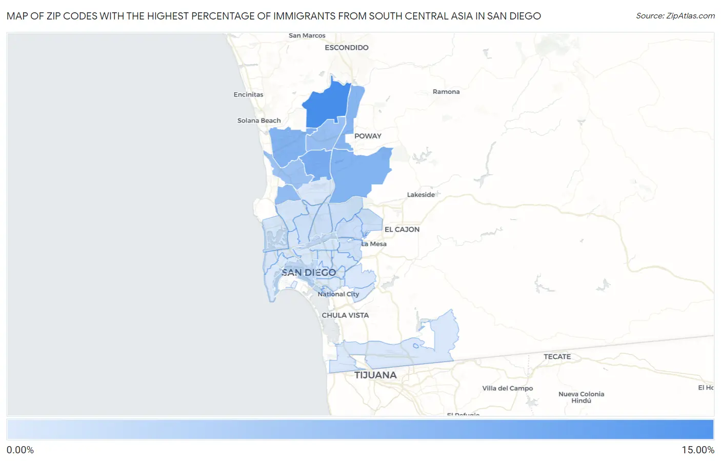Zip Codes with the Highest Percentage of Immigrants from South Central Asia in San Diego Map