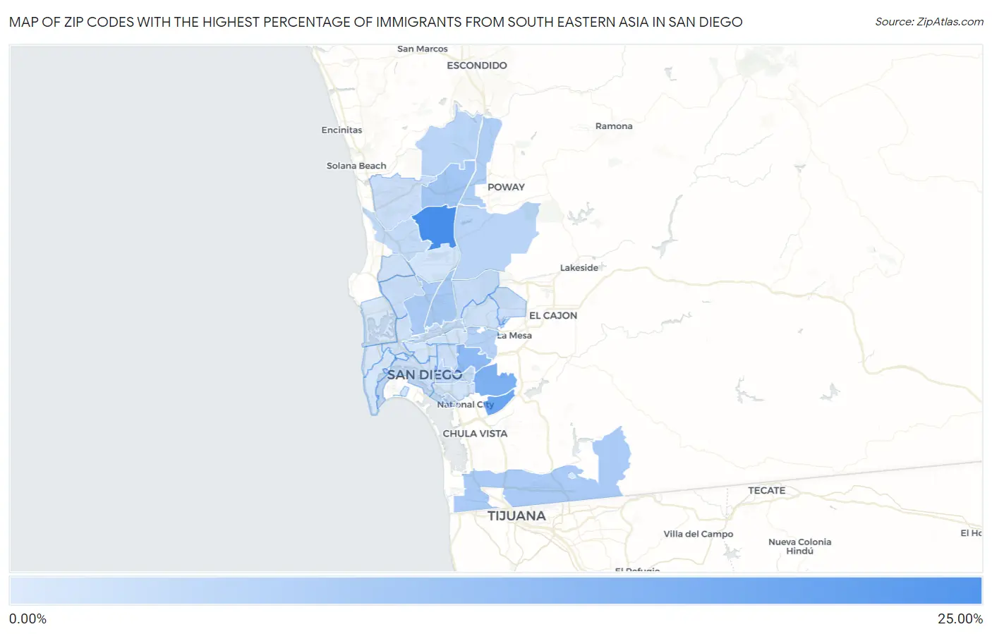 Zip Codes with the Highest Percentage of Immigrants from South Eastern Asia in San Diego Map