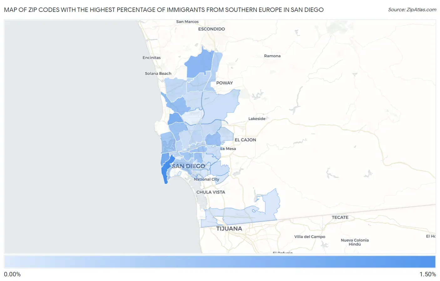 Zip Codes with the Highest Percentage of Immigrants from Southern Europe in San Diego Map