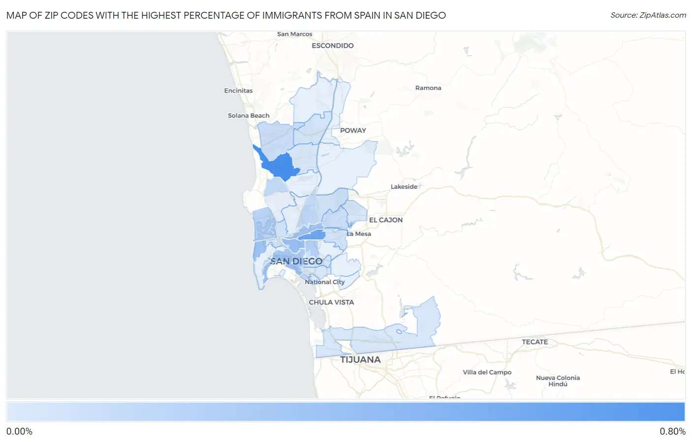 Zip Codes with the Highest Percentage of Immigrants from Spain in San Diego Map