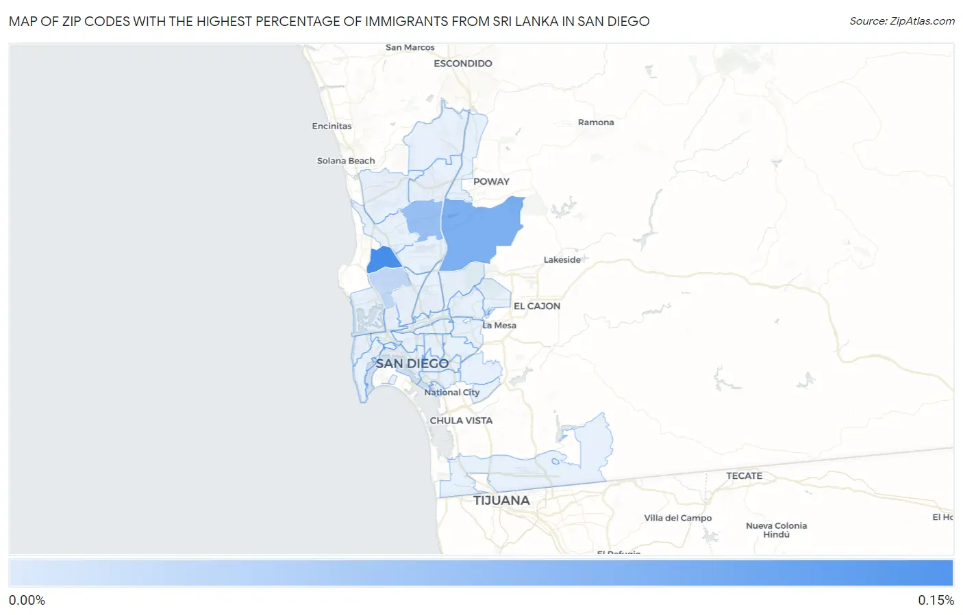 Zip Codes with the Highest Percentage of Immigrants from Sri Lanka in San Diego Map