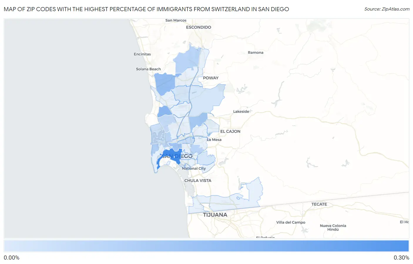 Zip Codes with the Highest Percentage of Immigrants from Switzerland in San Diego Map
