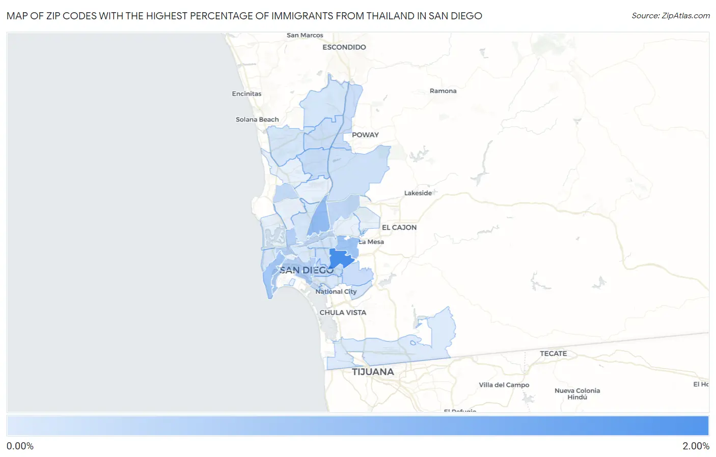 Zip Codes with the Highest Percentage of Immigrants from Thailand in San Diego Map