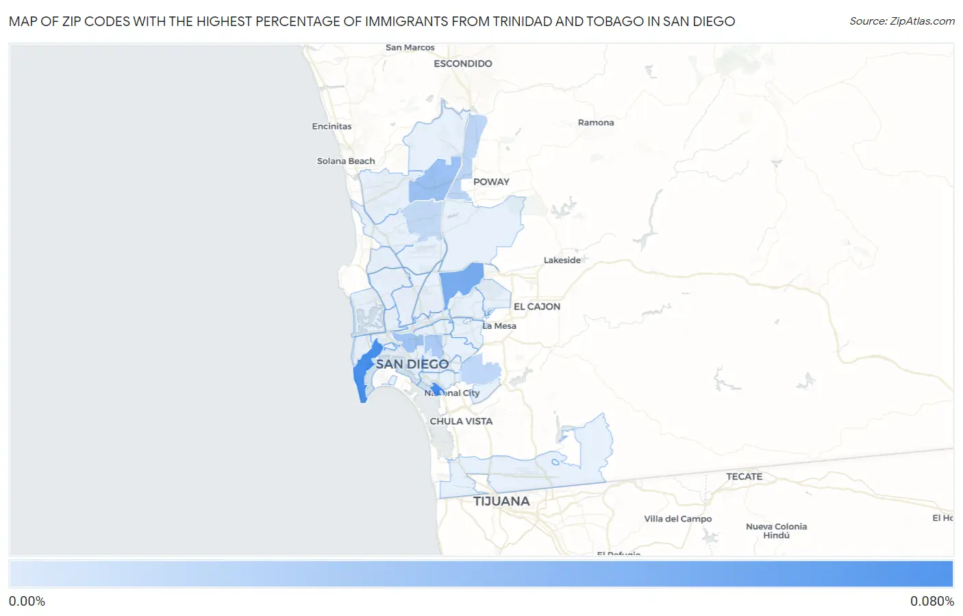 Zip Codes with the Highest Percentage of Immigrants from Trinidad and Tobago in San Diego Map