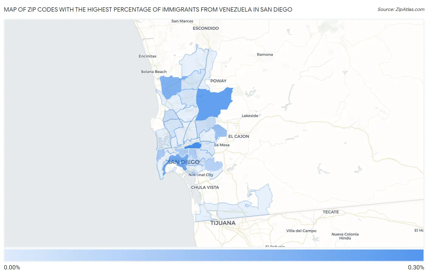 Zip Codes with the Highest Percentage of Immigrants from Venezuela in San Diego Map