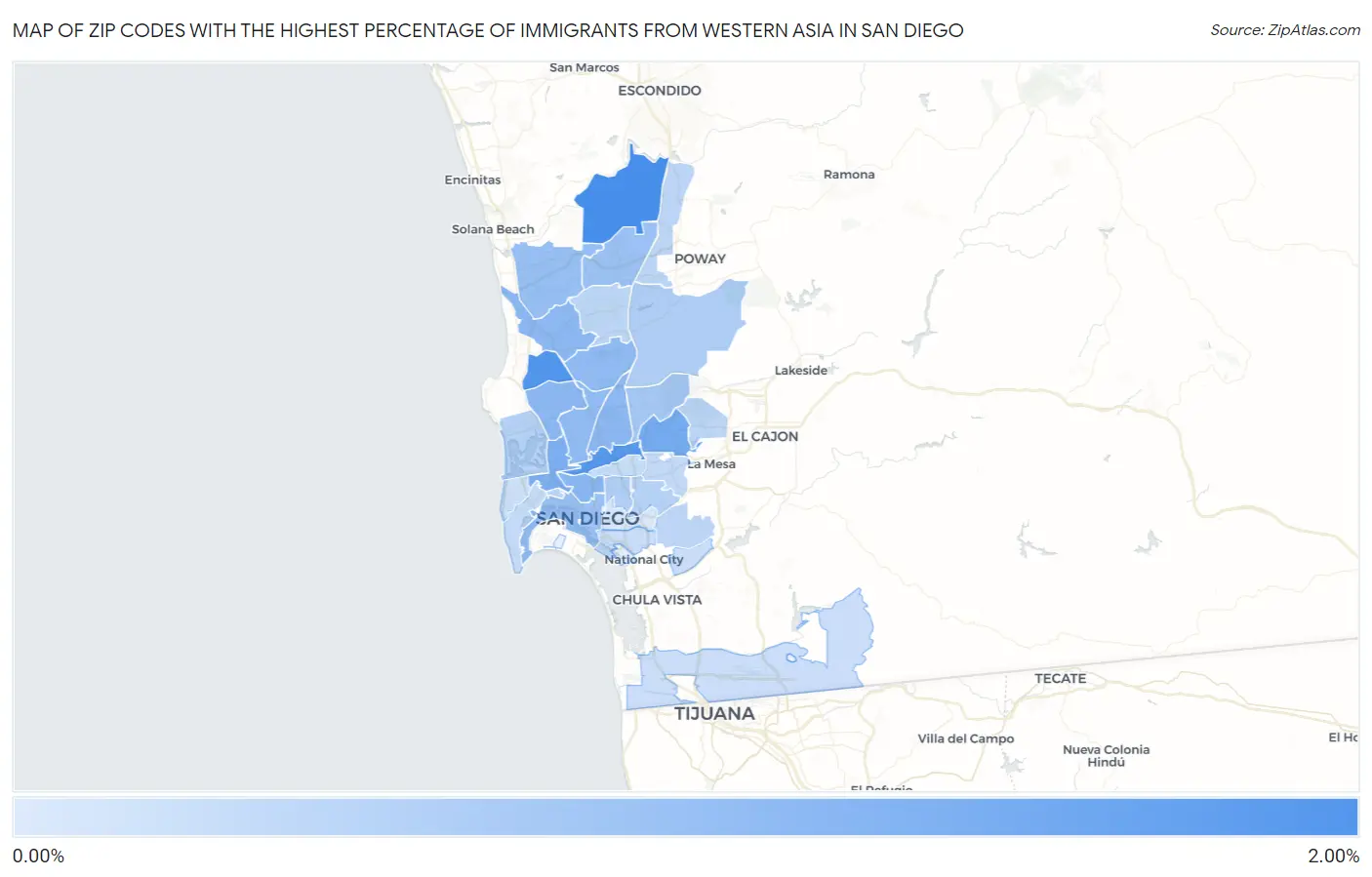 Zip Codes with the Highest Percentage of Immigrants from Western Asia in San Diego Map