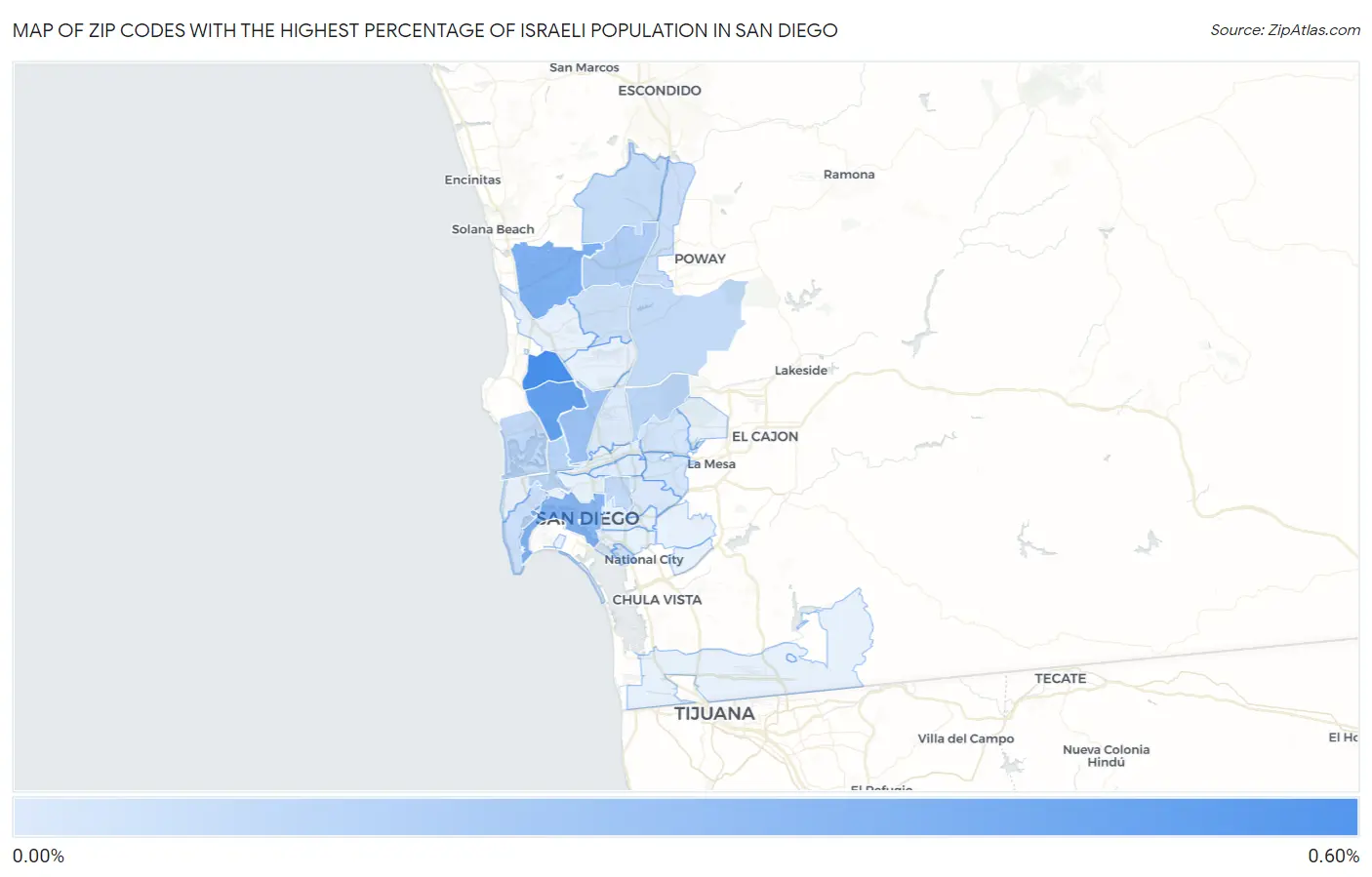 Zip Codes with the Highest Percentage of Israeli Population in San Diego Map