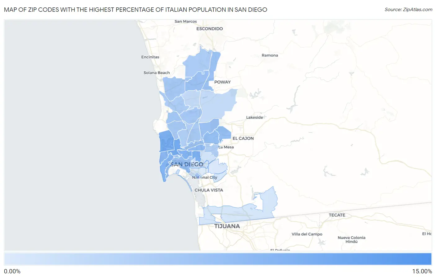 Zip Codes with the Highest Percentage of Italian Population in San Diego Map