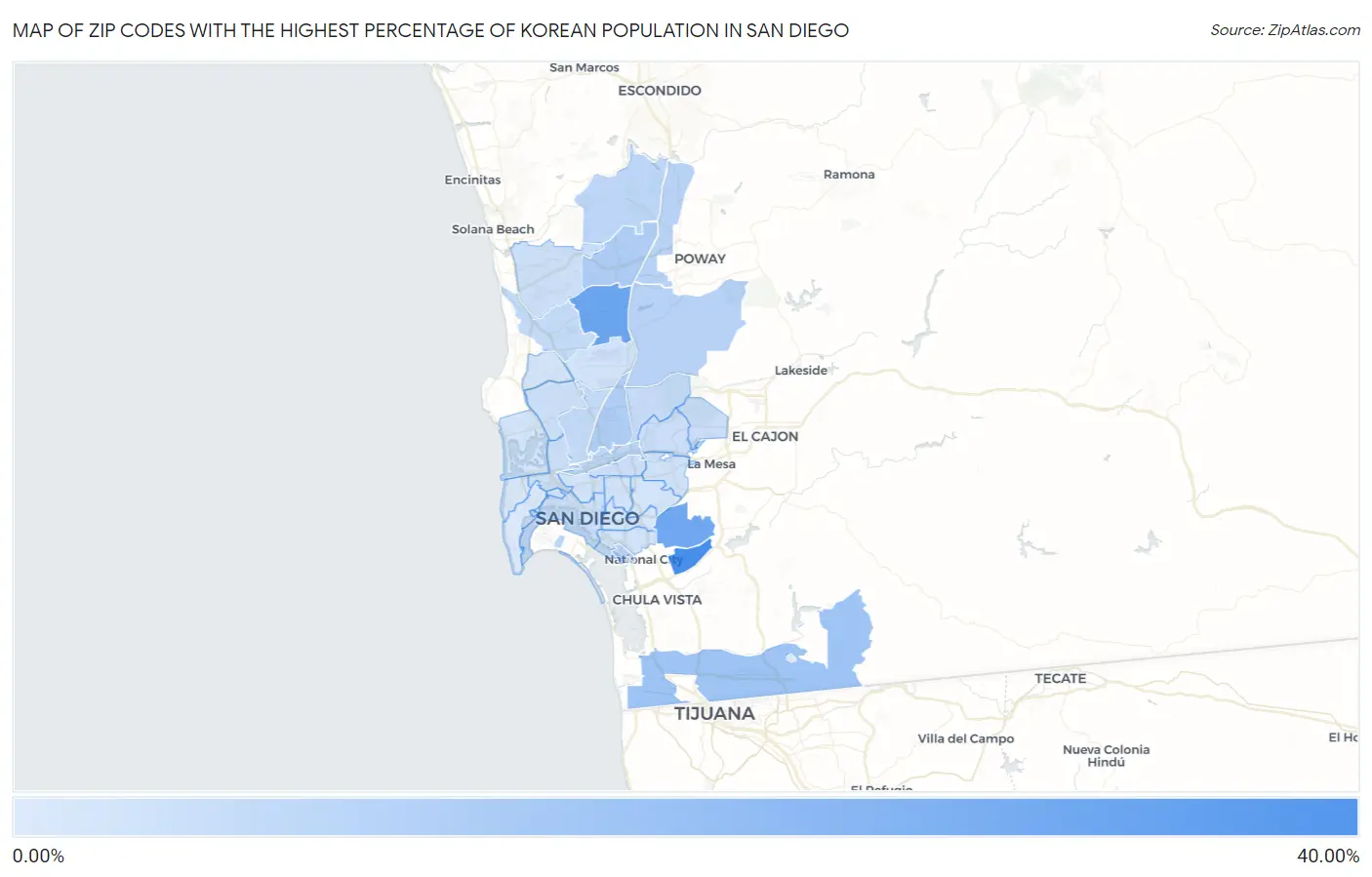 Zip Codes with the Highest Percentage of Korean Population in San Diego Map