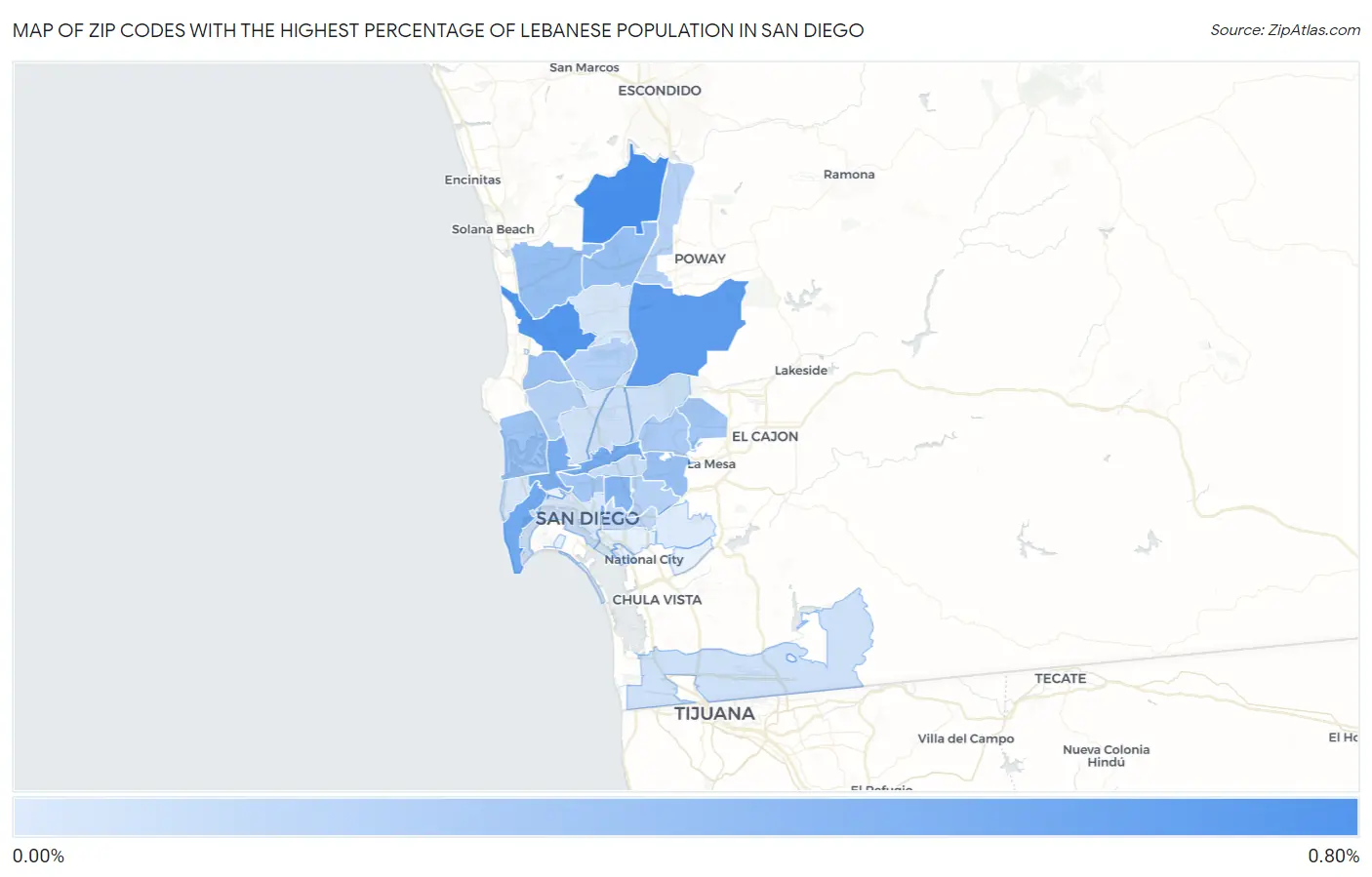 Zip Codes with the Highest Percentage of Lebanese Population in San Diego Map