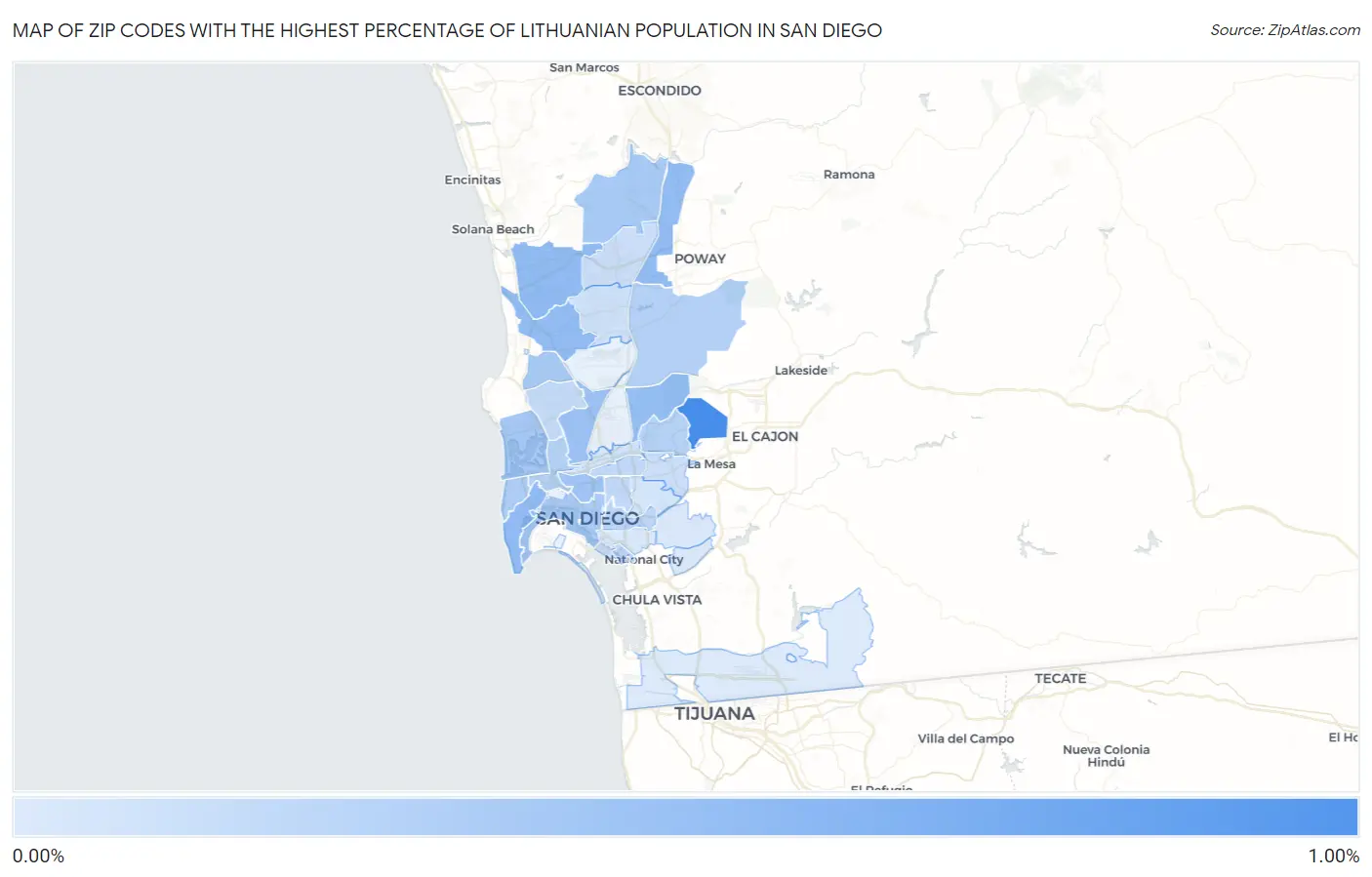 Zip Codes with the Highest Percentage of Lithuanian Population in San Diego Map