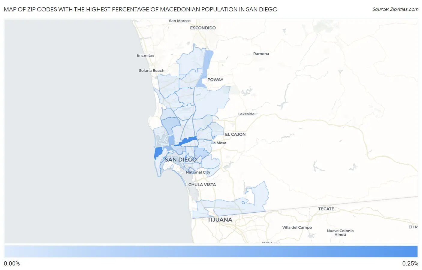 Zip Codes with the Highest Percentage of Macedonian Population in San Diego Map