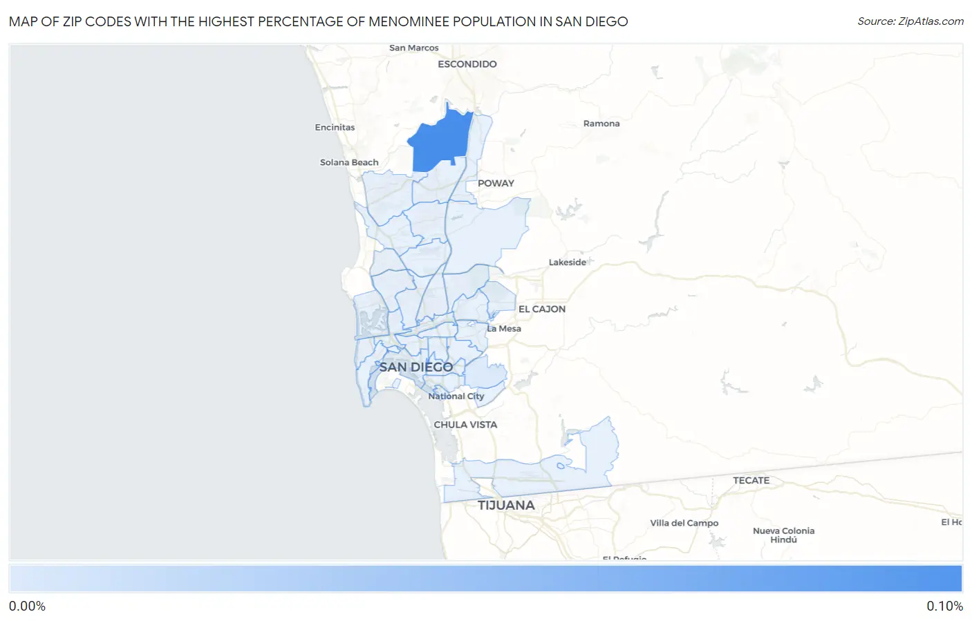 Zip Codes with the Highest Percentage of Menominee Population in San Diego Map