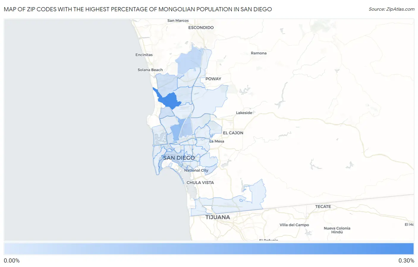 Zip Codes with the Highest Percentage of Mongolian Population in San Diego Map