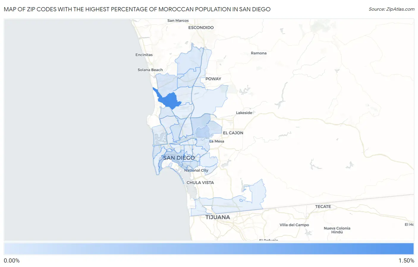 Zip Codes with the Highest Percentage of Moroccan Population in San Diego Map