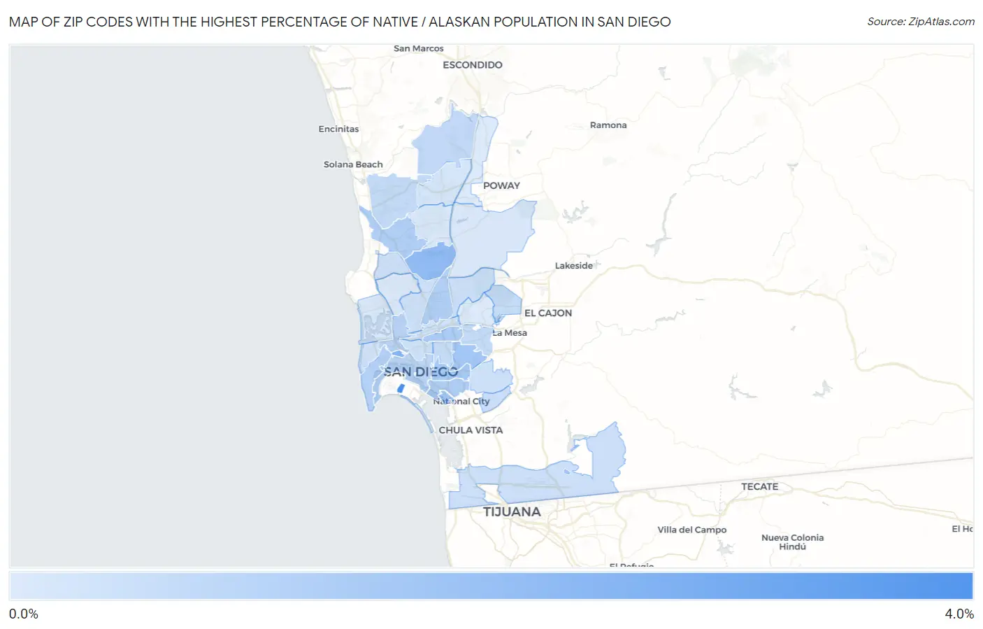 Zip Codes with the Highest Percentage of Native / Alaskan Population in San Diego Map