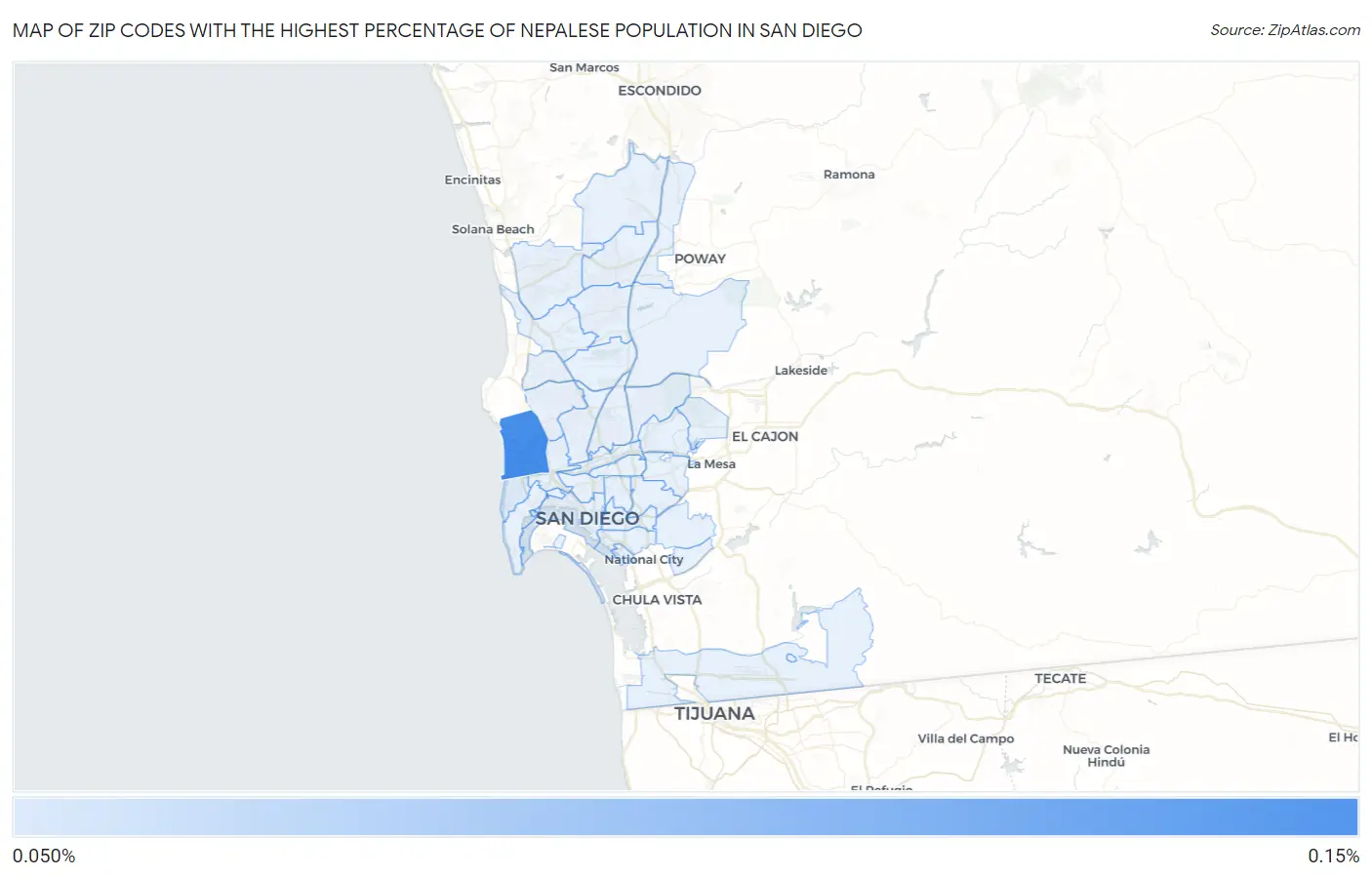 Zip Codes with the Highest Percentage of Nepalese Population in San Diego Map