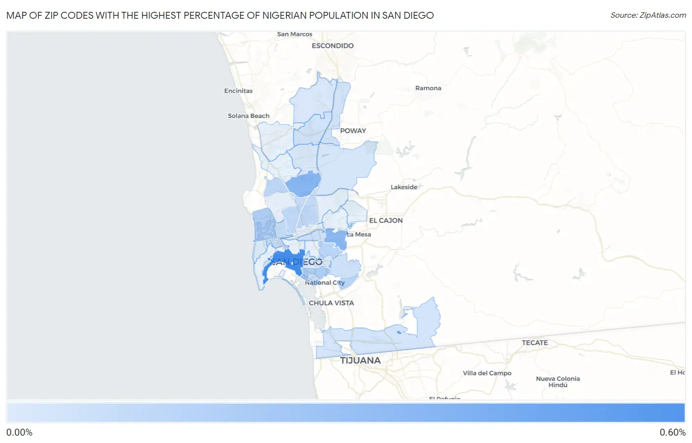 Zip Codes with the Highest Percentage of Nigerian Population in San Diego Map
