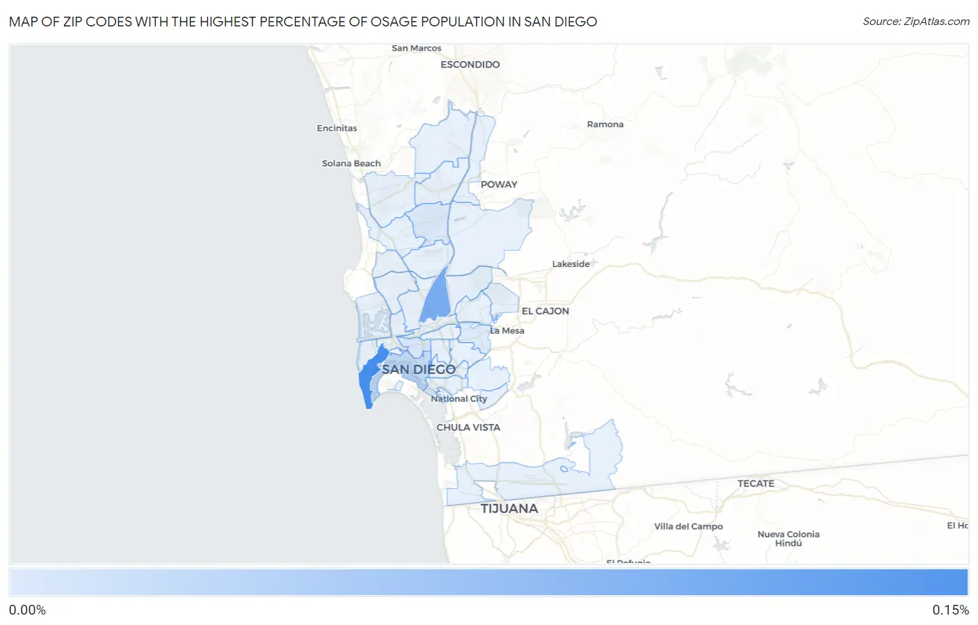 Zip Codes with the Highest Percentage of Osage Population in San Diego Map