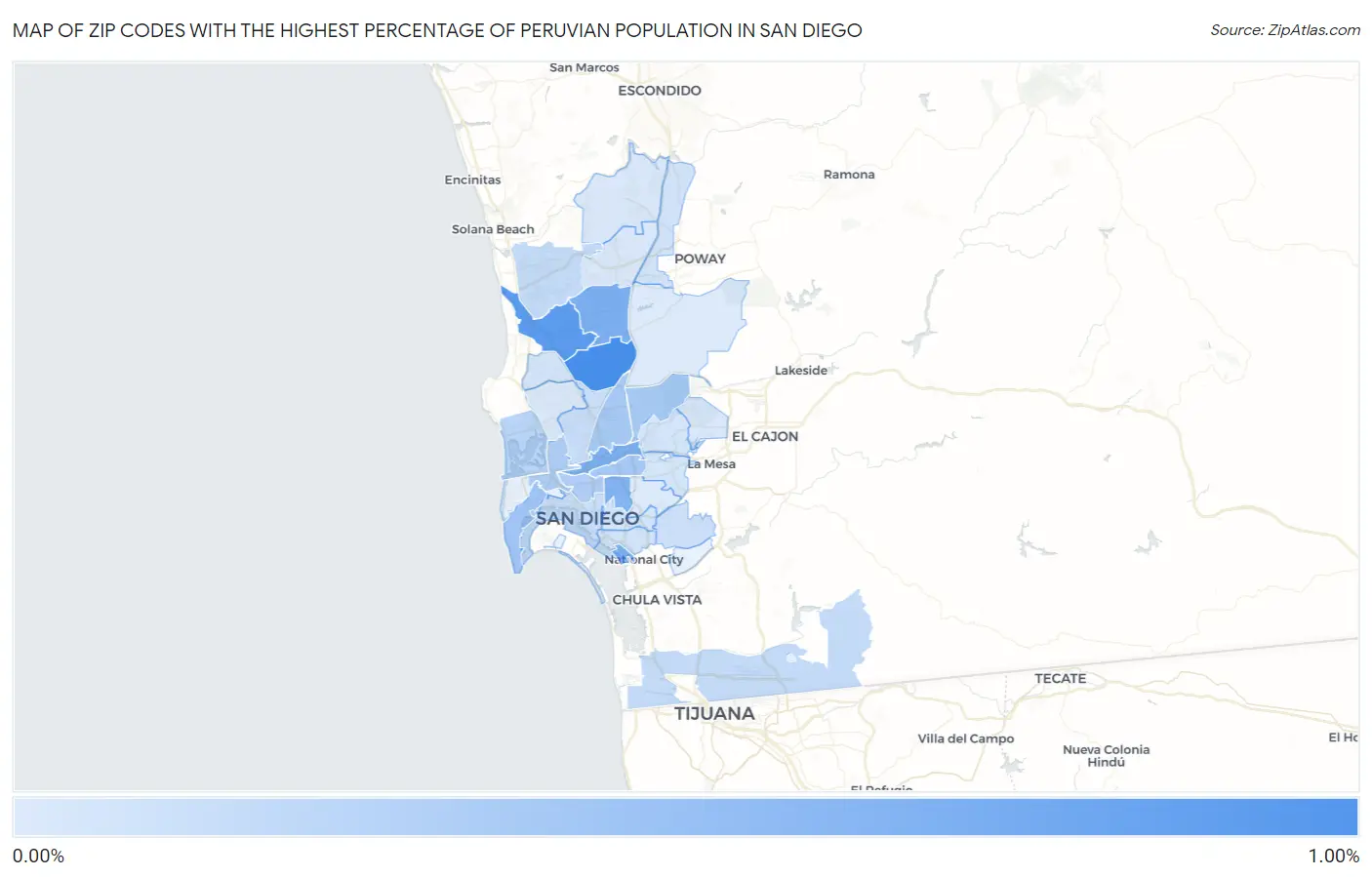 Zip Codes with the Highest Percentage of Peruvian Population in San Diego Map