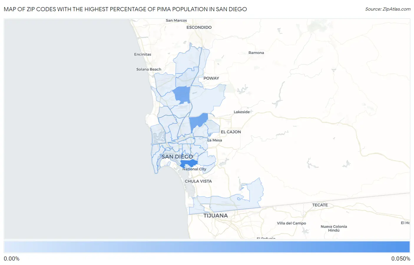 Zip Codes with the Highest Percentage of Pima Population in San Diego Map