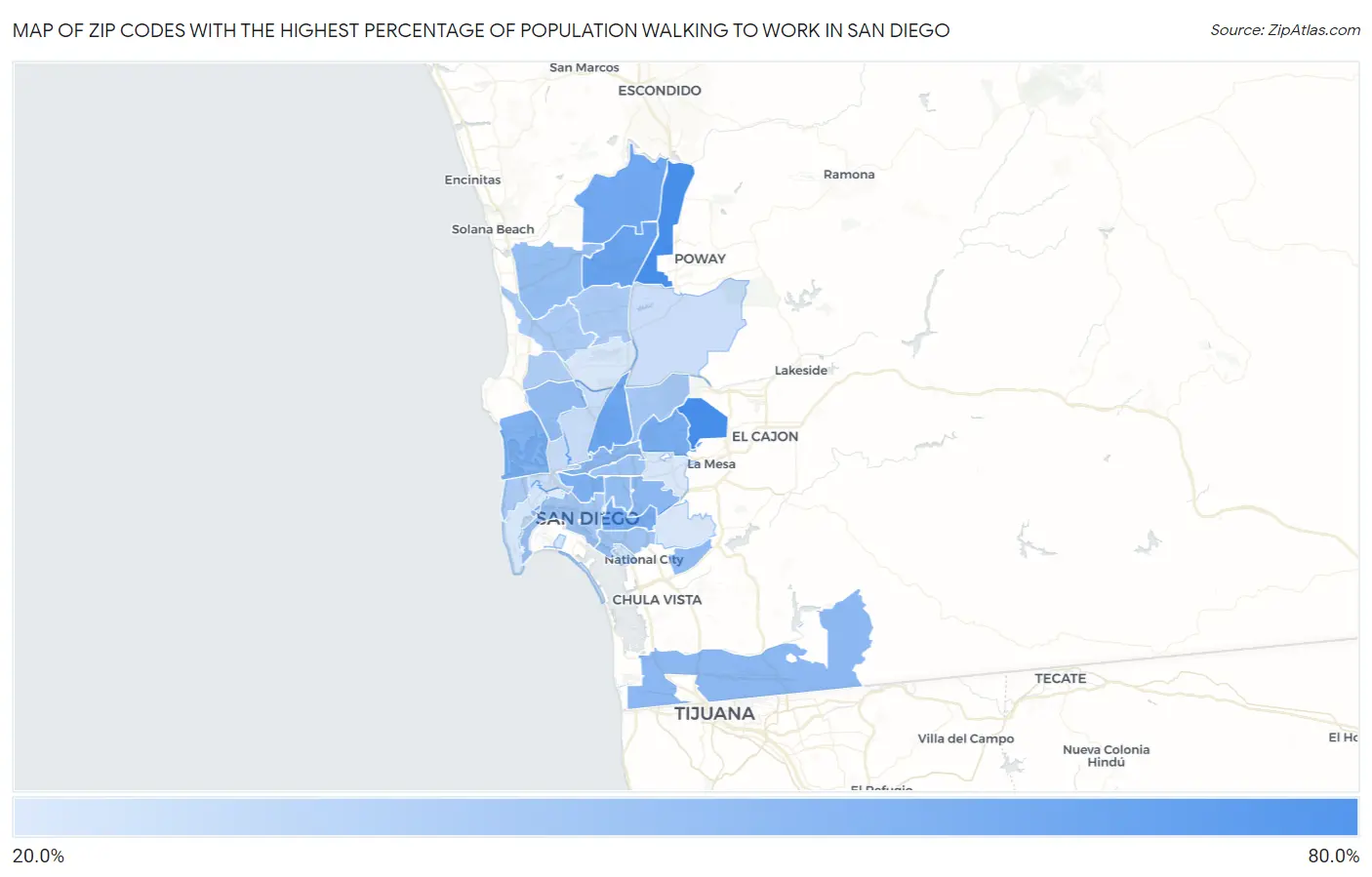 Zip Codes with the Highest Percentage of Population Walking to Work in San Diego Map