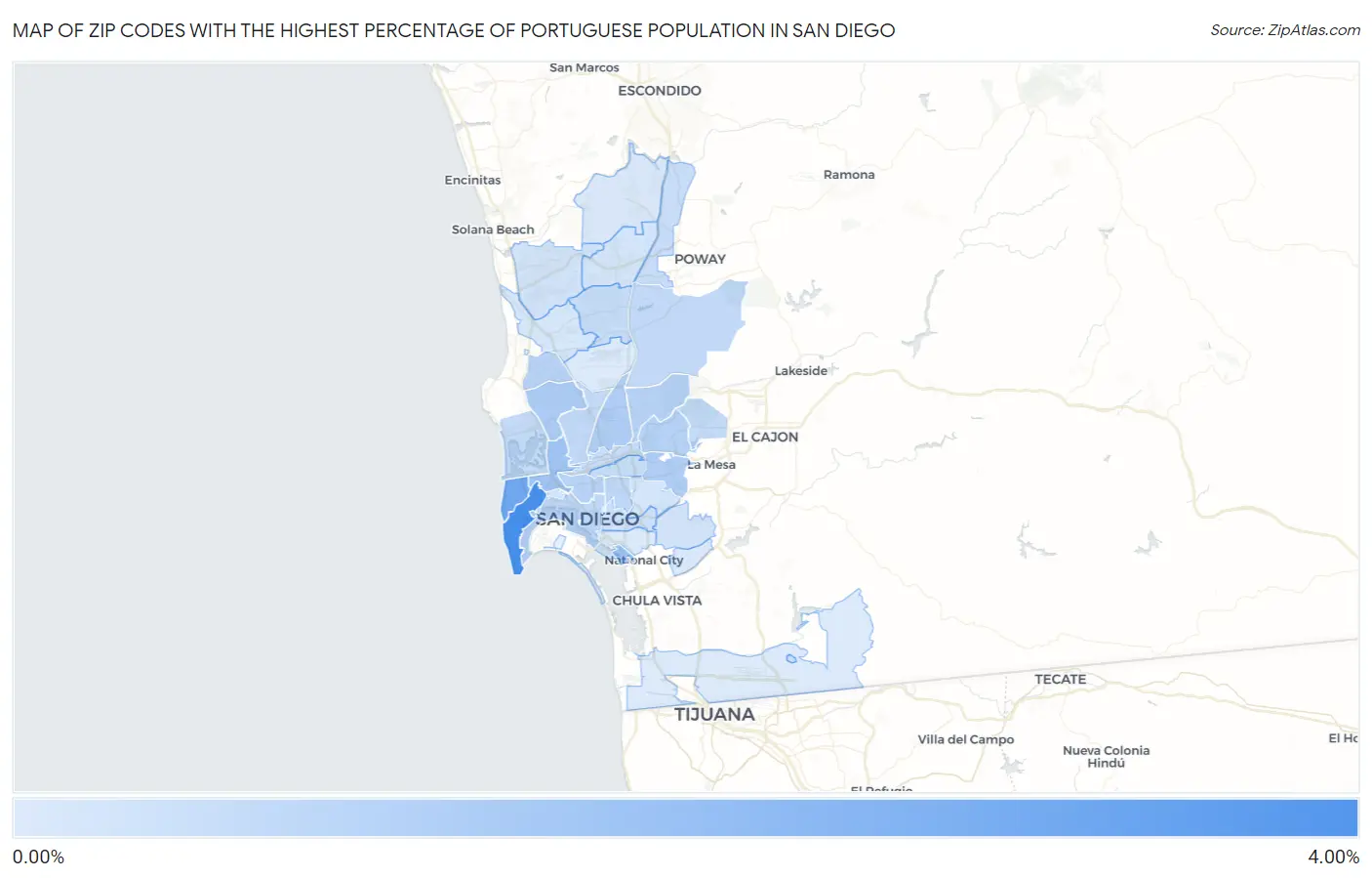 Zip Codes with the Highest Percentage of Portuguese Population in San Diego Map