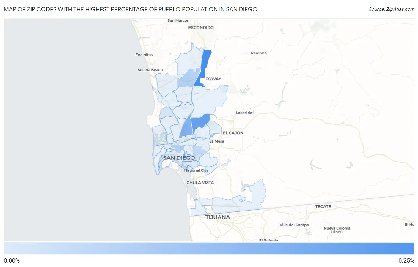 Zip Codes with the Highest Percentage of Pueblo Population in San Diego Map