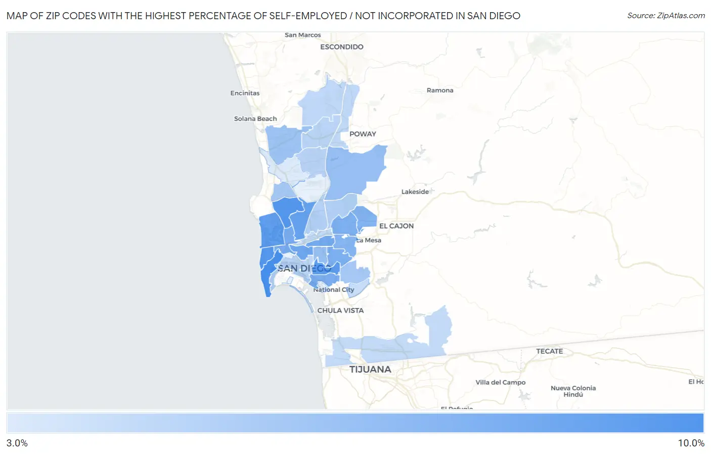 Zip Codes with the Highest Percentage of Self-Employed / Not Incorporated in San Diego Map