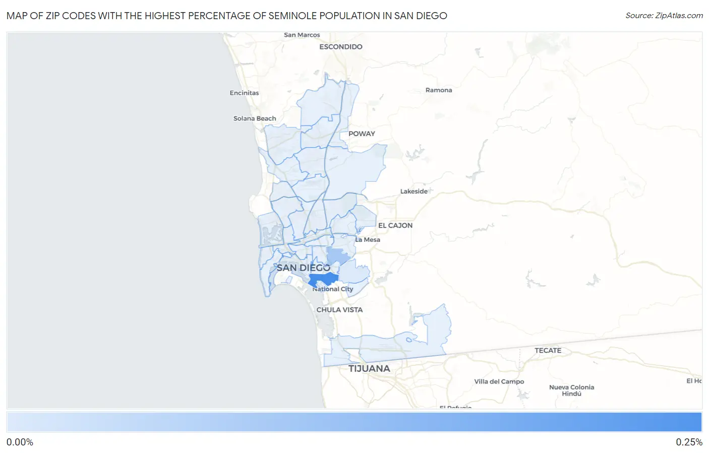 Zip Codes with the Highest Percentage of Seminole Population in San Diego Map