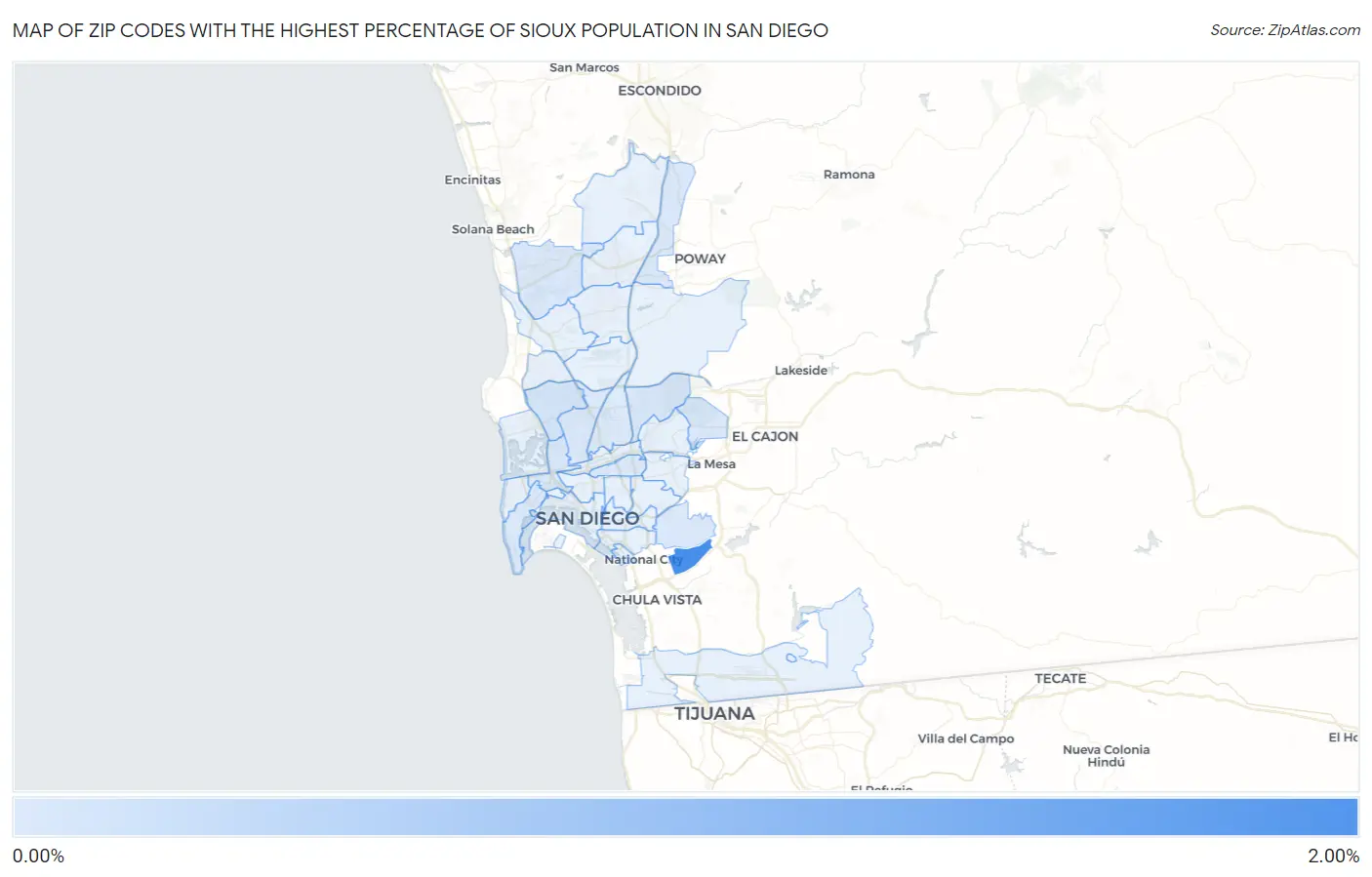 Zip Codes with the Highest Percentage of Sioux Population in San Diego Map
