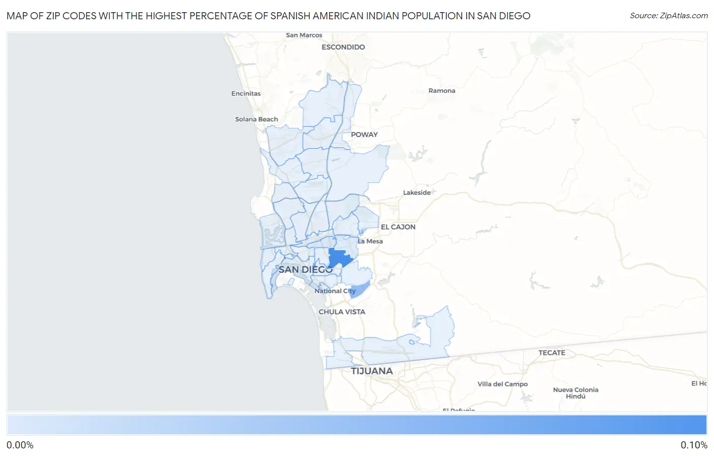 Zip Codes with the Highest Percentage of Spanish American Indian Population in San Diego Map